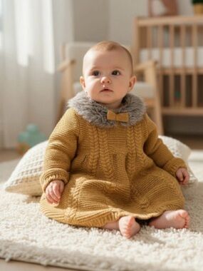 Tahari Baby Mustard Cable Knit Dress with Faux Fur Trim and Bow Size 3-6 months